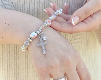 Pink Bracelet Rosary Beads Crystal Wrist Bangle with Hanging Cross