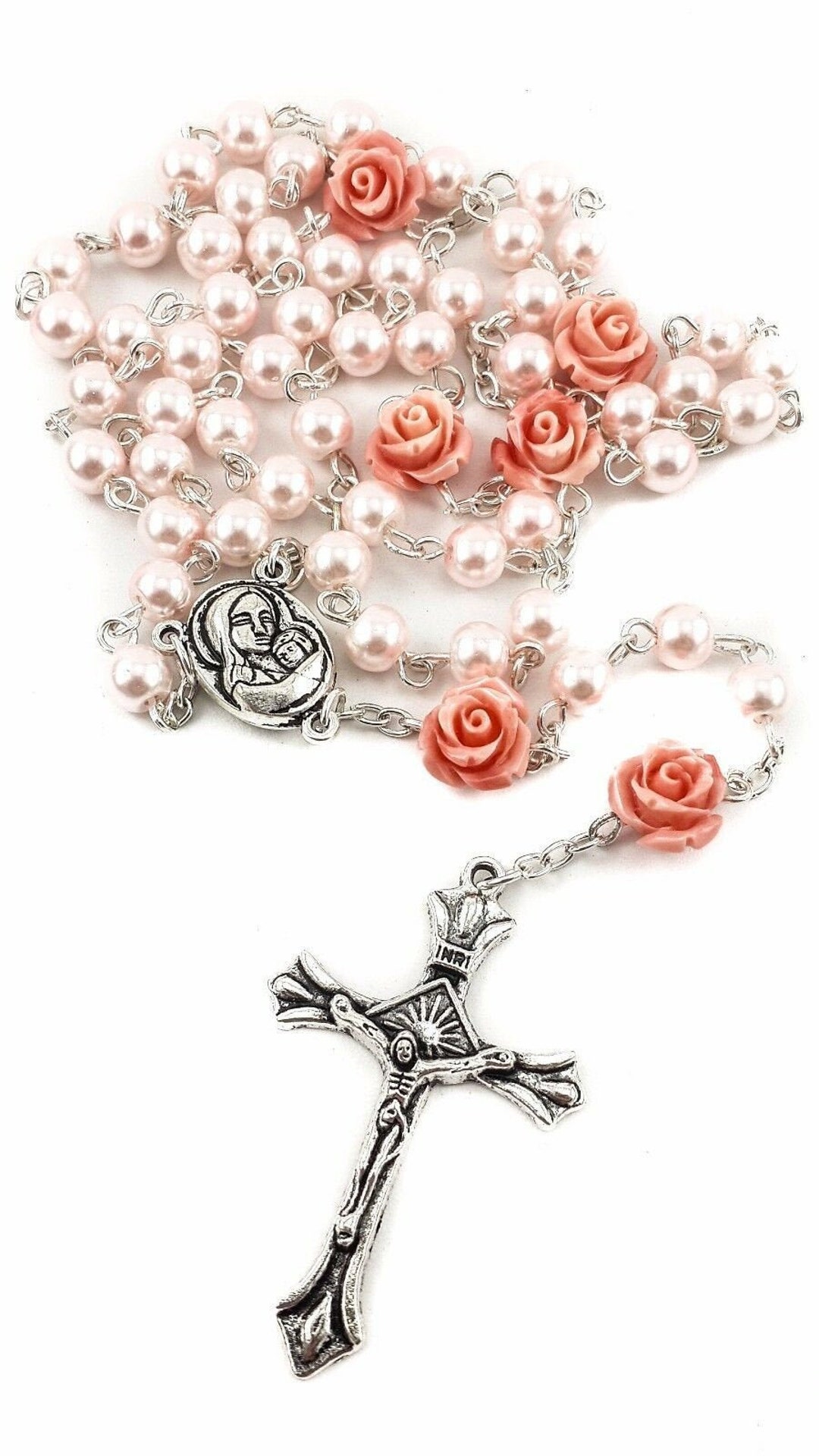 Pink Pearl Glass Beads Rosary Necklace Our Rose Flower Beads Etsy