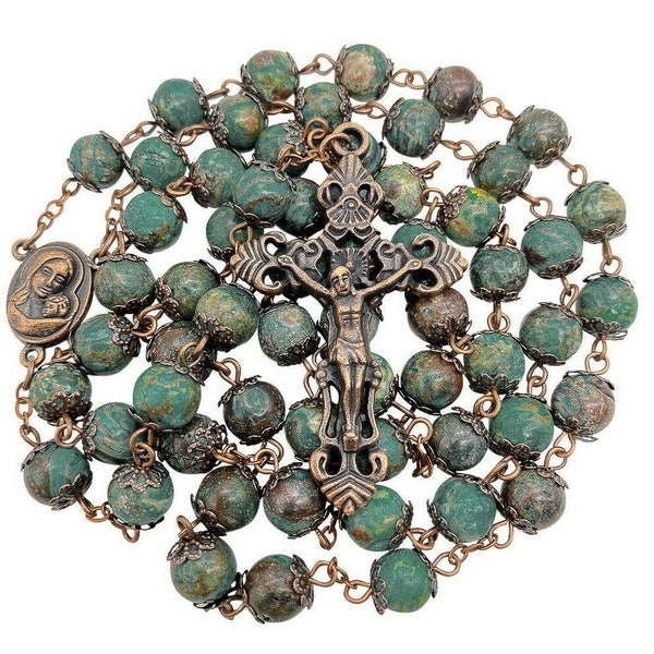 Rosary Natural Jasper Stone Beads Necklace Holy Soil Medal & Cross Crucifix Vintage Design Terra Santa Collection