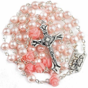 Pink Rosary Beads Pearl Necklace Catholic Our Rose Lourdes Centerpiece Medal with Silver Plated Cross Packed in Velvet Bag