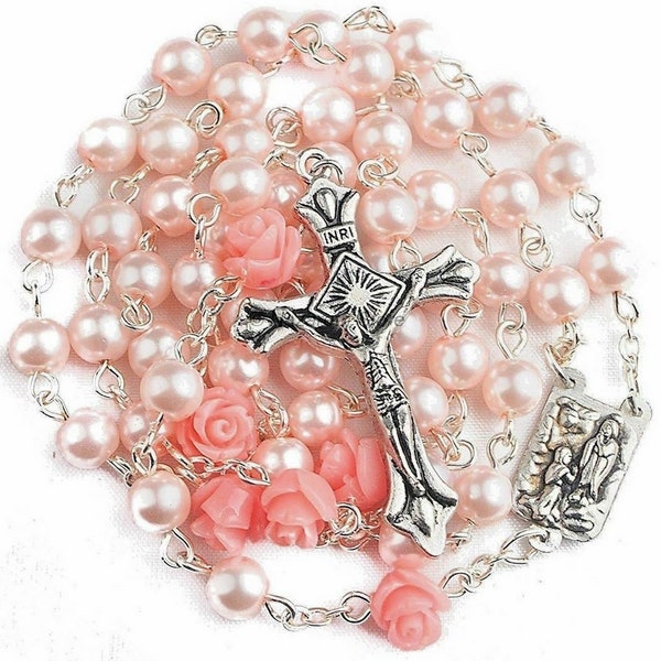 Pink Rosary Beads Pearl Necklace Catholic Our Rose Lourdes Centerpiece Medal with Silver Plated Cross Packed in Velvet Bag