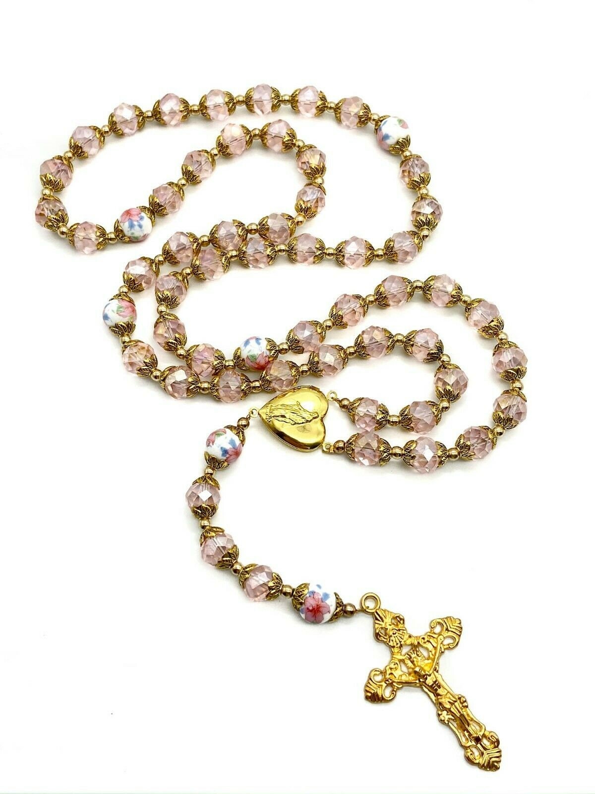 Pink Crystal Beads Rosary Necklace Catholic Chaplet Holy Etsy