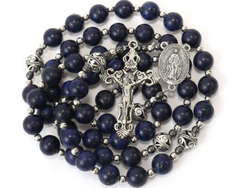 Natural Dark Blue Lapis Lazuli Beads Rosary Beaded Necklace Miraculous Medal & Silver Cross