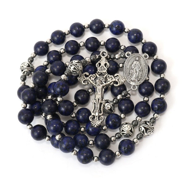 Natural Dark Blue Lapis Lazuli Beads Rosary Beaded Necklace Miraculous Medal & Silver Cross