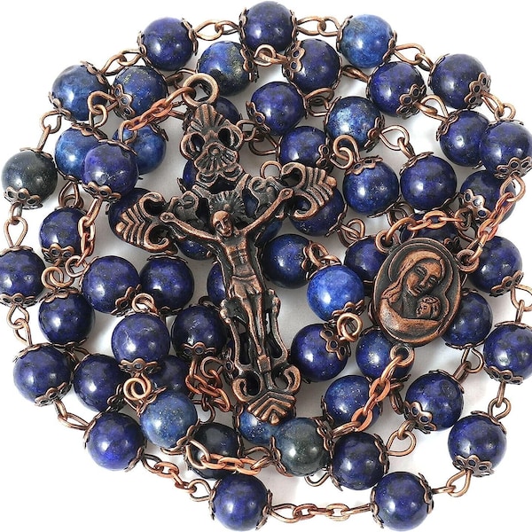 Lapis Lazuli Natural Blue Stone Beads Rosary Necklace Holy Soil Medal & Cross For Men and Women