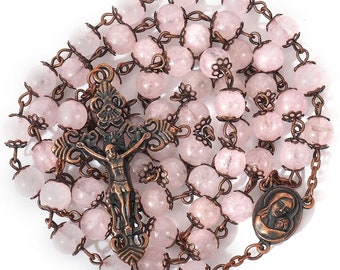 Rose Quartz Stone Rosary Beads Natural Beaded Necklace Holy Soil Medal & Cross