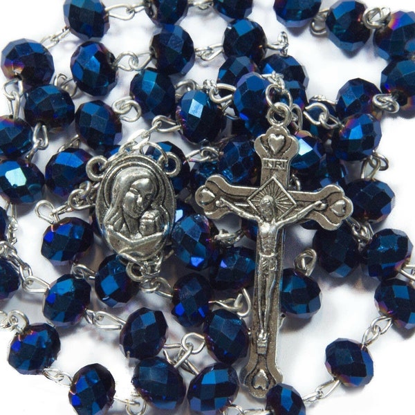 Navy Blue Crystal Beads Rosary Necklace with Holy Soil Medal and Cross Crucifix - velvet gift bag