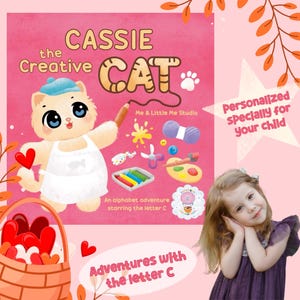 Libro infantil personalizado - El gato creativo, libro del alfabeto, aprendizaje de letras, regalo de cumpleaños, libro personalizado, regalo para niña, letra C