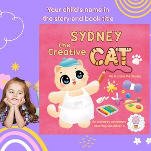 Libro infantil personalizado - El gato creativo, libro del alfabeto, aprendizaje de letras, regalo de cumpleaños, libro personalizado, regalo para niña, letra C