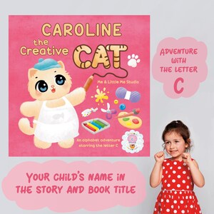 Libro infantil personalizado - El gato creativo, libro del alfabeto, aprendizaje de letras, regalo de cumpleaños, libro personalizado, regalo para niña, letra C