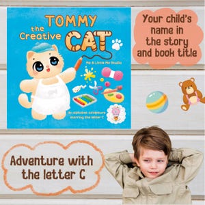 Libro infantil personalizado: El gato creativo, libro del alfabeto, aprendizaje de letras, regalo de cumpleaños, libro personalizado, regalo para niño, letra C