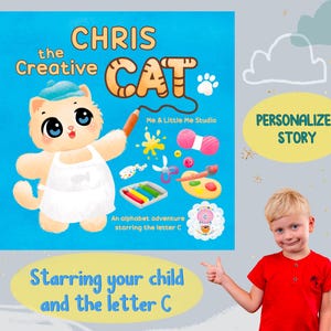 Libro infantil personalizado: El gato creativo, libro del alfabeto, aprendizaje de letras, regalo de cumpleaños, libro personalizado, regalo para niño, letra C