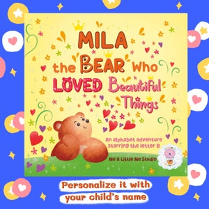 Libro infantil personalizado: El oso que amaba las cosas bellas, libro del alfabeto, aprendizaje de las letras, regalo de cumpleaños, libro personalizado