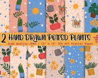 Hand Drawn Potted Plants Digital Paper - Printable Scrapbook Paper - Cute Plants Digital Patterns - Set of 12 Digital Papers