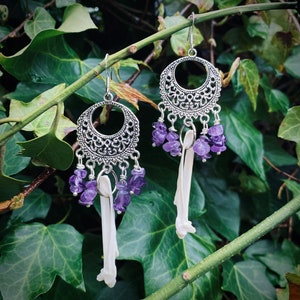 Real crow bone & amethyst earrings on sterling silver hooks