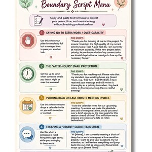 May include: A printable 8.5 inch by 11 inch document titled The Professional Workplace Boundary Script Menu. It features four numbered sections with text formulas for setting boundaries, including icons for a stop sign, clock, calendar, and chat bubble.
