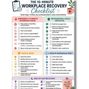 May include: A printable 8.5 inch by 11 inch workplace boundary and reset guide featuring The 10-Minute Workplace Recovery Checklist. The document includes sections for emergency checks, professional protocols, mental resets, and end-of-day recovery.