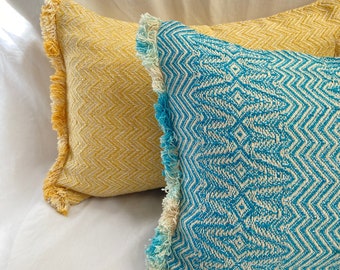 Turquoise blue boho fringe cushion cover| Geometric decorative cushion |Oversized lumbar throw cushion | Bohemian home decor | Summer Decor|