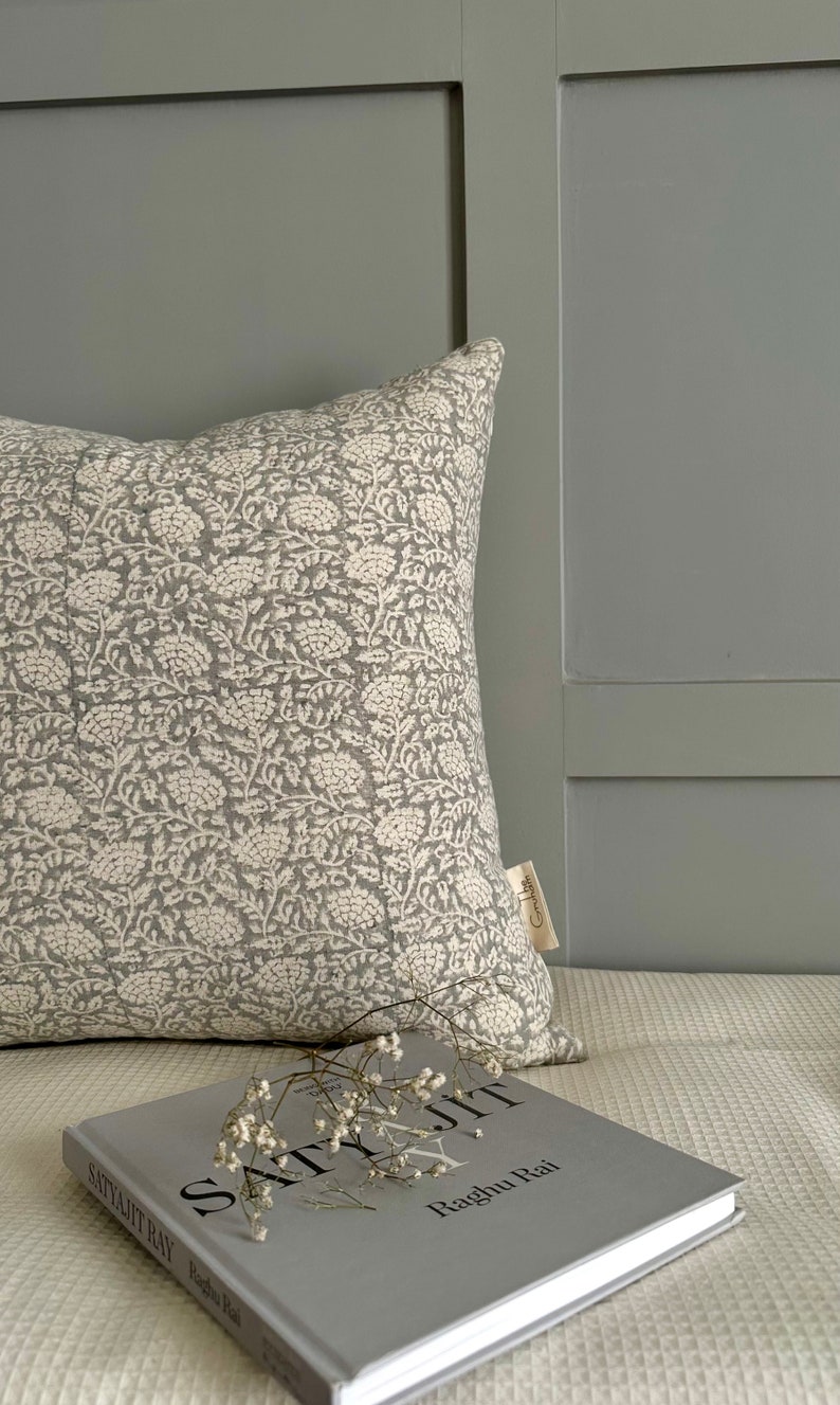 Grey block print cushion cover Neutral decor Modern Gray floral decorative pillow Botanical Floral throw pillow Hand block print image 1