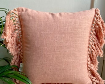 Apricot Peach Boho cushion cover| Tassels on decorative cushion | Lumbar Throw cushion cover | Bohemian Home Decor | Handwoven cotton pillow