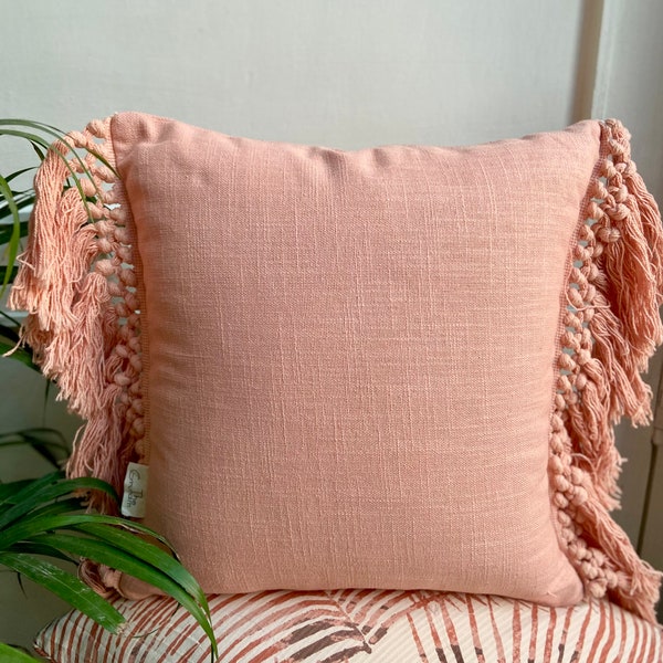 Apricot Peach Boho cushion cover| Tassels on decorative cushion | Lumbar Throw cushion cover | Bohemian Home Decor | Handwoven cotton pillow