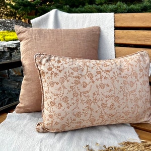 Beige block print cushion cover Neutral & brown floral decorative pillow Botanical Floral throw pillow Vintage Decor Neutral decor image 1