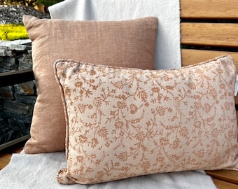 Beige block print cushion cover | Neutral & brown floral decorative pillow |Botanical Floral throw pillow |Vintage Decor| Neutral decor|