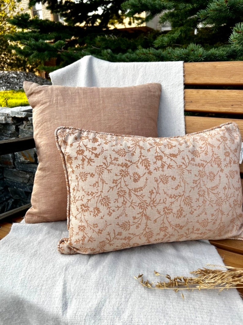 Beige block print cushion cover Neutral & brown floral decorative pillow Botanical Floral throw pillow Vintage Decor Neutral decor image 1