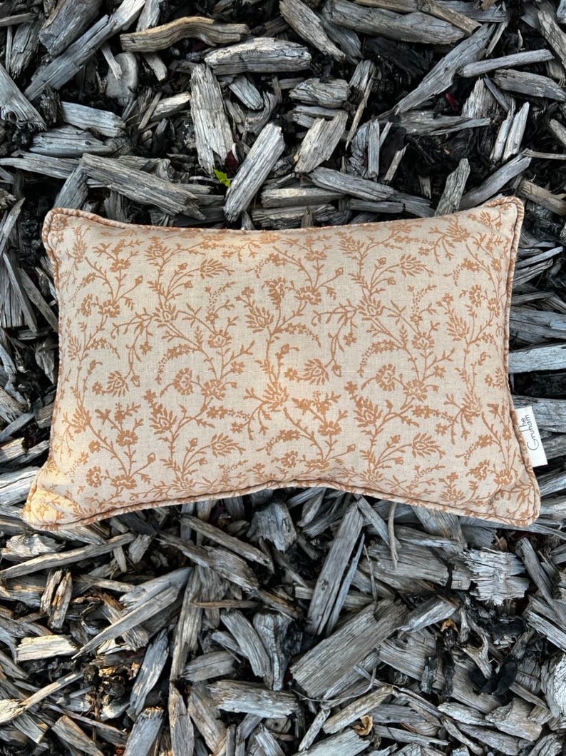 Beige block print cushion cover Neutral & brown floral decorative pillow Botanical Floral throw pillow Vintage Decor Neutral decor image 2