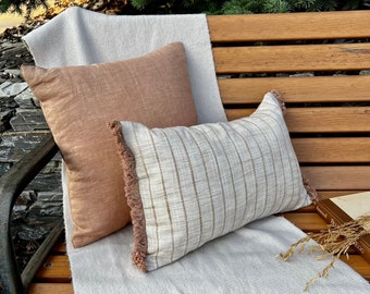 Beige stripe cushion cover with fringes | Neutral decorative pillow cover | Autumn Lumbar Throw cushion | Farmhouse pillow Home Decor |