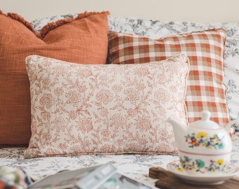 Terracotta block print cushion cover |Off-white & brown decorative pillow |Botanical Floral throw pillow |Vintage Decor|