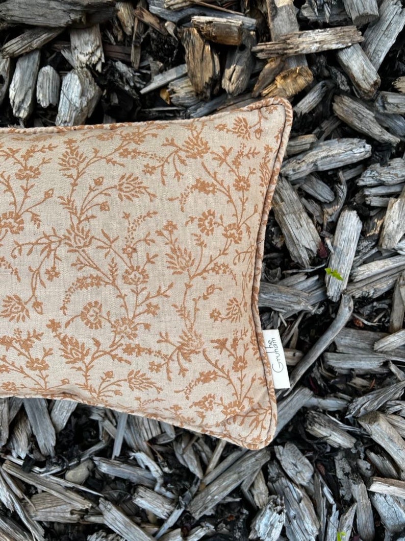 Beige block print cushion cover Neutral & brown floral decorative pillow Botanical Floral throw pillow Vintage Decor Neutral decor image 3