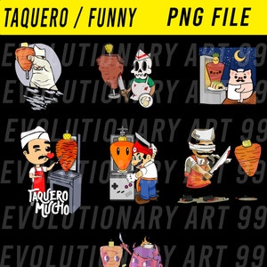 Puede incluir: Un conjunto de seis ilustraciones digitales con varios personajes preparando y comiendo tacos. Las ilustraciones son de estilo de dibujos animados y presentan colores brillantes. El texto "Taquero Mucho" est&aacute; incluido en una de las ilustraciones.