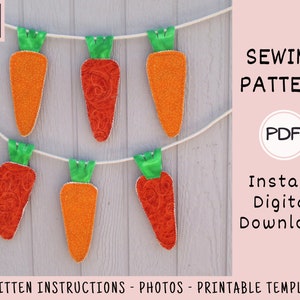 May include: A sewing pattern for a carrot garland. The pattern includes written instructions, photos, and a printable template. The pattern is available as an instant digital download in PDF format.