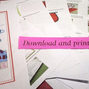 May include: A printable pattern for a vintage-style dress clothespin bag. The bag is red and white with a cherry print. The pattern includes instructions to download and print at home.