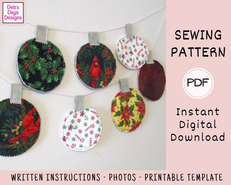 Puede incluir: Un patr&oacute;n de costura para hacer adornos navide&ntilde;os. El patr&oacute;n incluye instrucciones, fotos y una plantilla imprimible. Los adornos est&aacute;n hechos de tela y presentan una variedad de dise&ntilde;os festivos, incluyendo acebo, cardenales, bastones de caramelo y poinsettias. El patr&oacute;n est&aacute; disponible como una descarga digital instant&aacute;nea en formato PDF.
