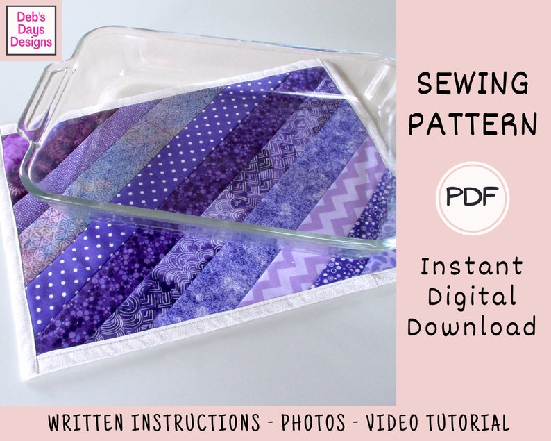 Extra Large Quilted Hot Pad PDF SEWING PATTERN, Digital Download, How to Sew a Handmade Fabric Strip Trivet for Casserole Dishes Glass Pans image 3