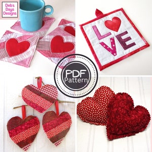 Valentine's Day Quilted Crafts PDF SEWING PATTERN Bundle, Digital Download, How to Make Simple Fabric Projects, February Decor Tutorial image 1