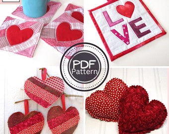 Valentine's Day Quilted Crafts PDF SEWING PATTERN Bundle, Digital Download, How to Make Simple Fabric Projects, February Decor Tutorial