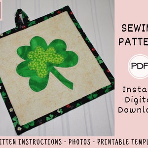 St. Patrick's Day Shamrock Potholder PDF SEWING PATTERN, Digital Download, How to Make a Handmade March Fabric Hot Pad, Springtime Tutorial image 3