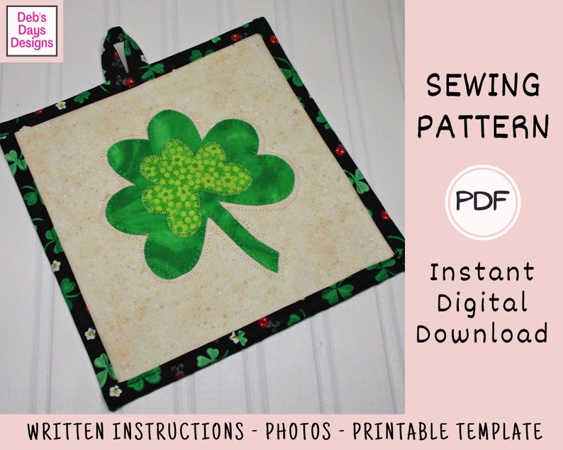 St. Patrick's Day Shamrock Potholder PDF SEWING PATTERN, Digital Download, How to Make a Handmade March Fabric Hot Pad, Springtime Tutorial image 3