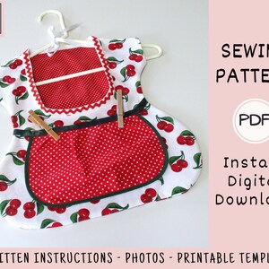 May include: A sewing pattern for a cherry-themed apron with a red and white polka dot fabric. The pattern includes written instructions, photos, and a printable template. The pattern is available as an instant digital download in PDF format.