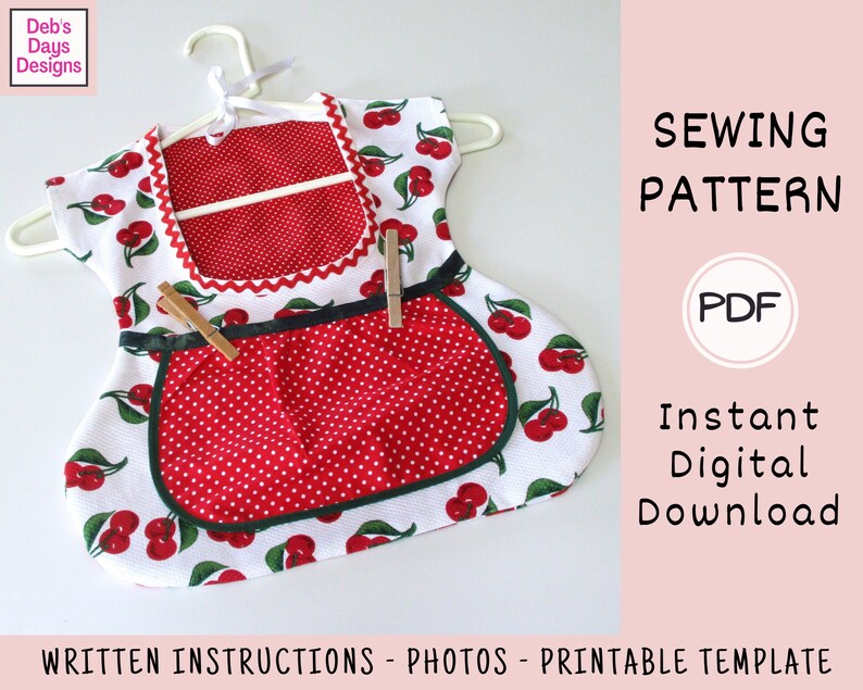 May include: A sewing pattern for a cherry-themed apron with a red and white polka dot fabric. The pattern includes written instructions, photos, and a printable template. The pattern is available as an instant digital download in PDF format.