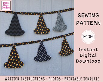 Easy Halloween Witches Hats Bunting PDF Sewing PATTERN, Digital Download, DIY Fall Hanging Fabric Garland, October Party Banner