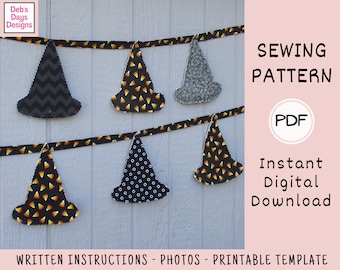 Easy Halloween Witches Hats Bunting PDF Sewing PATTERN, Digital Download, DIY Fall Hanging Fabric Garland, October Party Banner