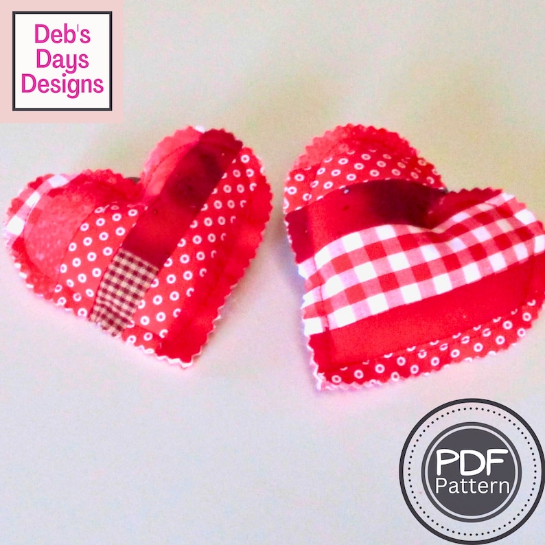 Scrappy Fabric Hearts PDF SEWING PATTERN, Digital Download, How to Make Handmade Valentine's Day Quilted Stuffed Shapes, Tiered Tray Decor image 1