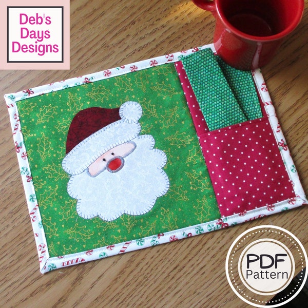 Santa Claus Mug Rug PDF SEWING PATTERN, Digital Download, How to Make a Quilted Christmas Pocketed Mini Placemat, Handmade Holiday Tutorial