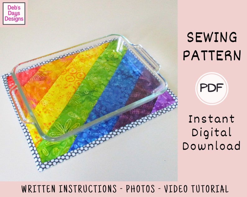 May include: A sewing pattern for a rainbow-colored quilted hot pad. The pattern includes written instructions, photos, and a video tutorial. The pattern is available as an instant digital download in PDF format.