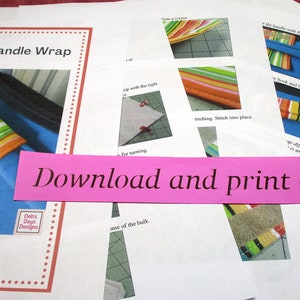 May include: A printable guide with instructions and images on how to make a luggage handle wrap. The guide includes a photo of a finished luggage handle wrap with colorful stripes. The text on the guide reads "Luggage Handle Wrap" and "Download and print at home".