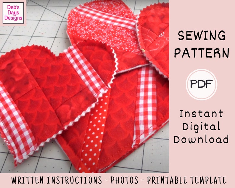 Scrappy Heart Coasters PDF SEWING PATTERN, Digital Download, How to Sew Quilted Fabric Valentine's Day Drink Coaster Set image 3